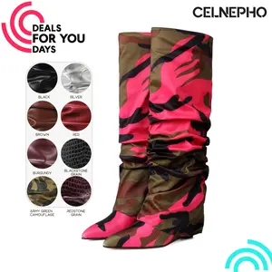 CELNEPHO Womens Slouch Boots Pointed Toe Covered Wedge Heel Fashion Knee High Booties Easy Pull on Wide Calf Fold Over Boot Formal Wear Date Events Gift Party Indoor Outdoor Casual Summer Wear Trendy Dress Shoes Deals For You Days