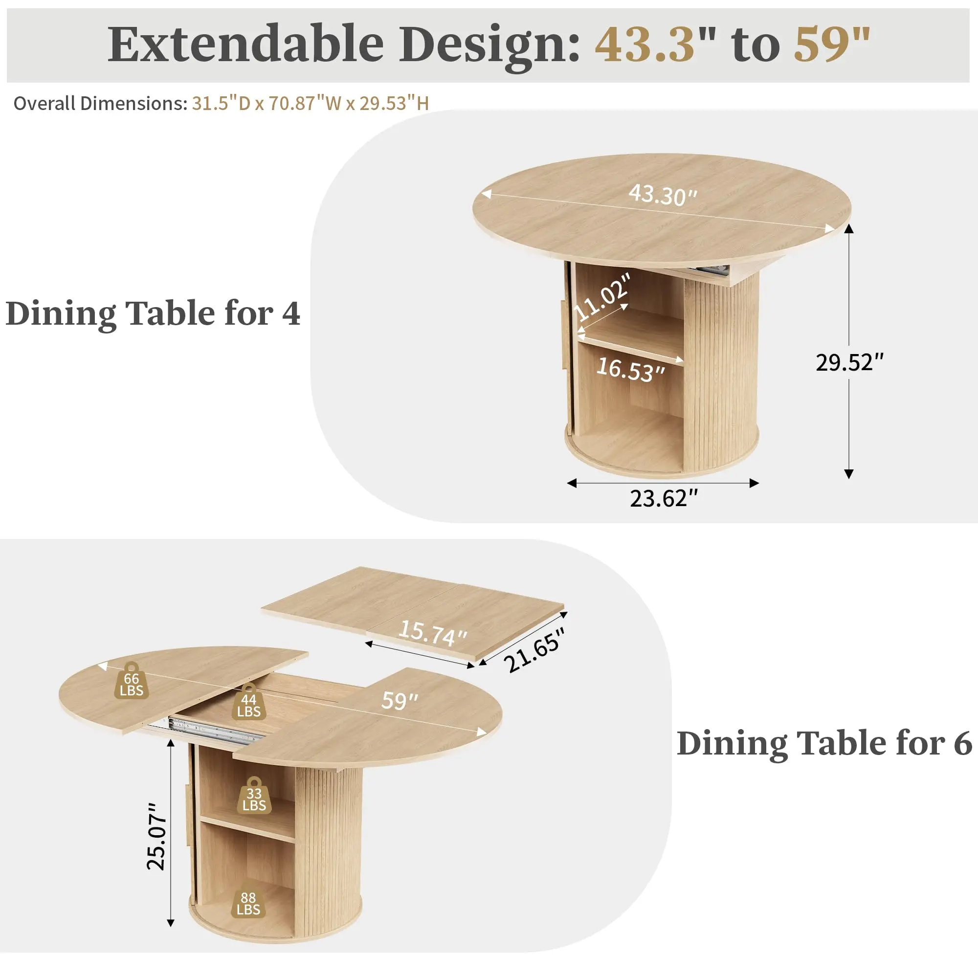 Natural Oak 43"-59" Extendable+hidden Storage