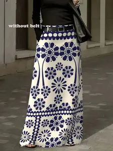 Elegant Women's Printed Midi Skirt, Straight Tube Design, Woven Fabric, Pockets, Back Waist Elastic, All-Season Wear, Office Party Daily Use
