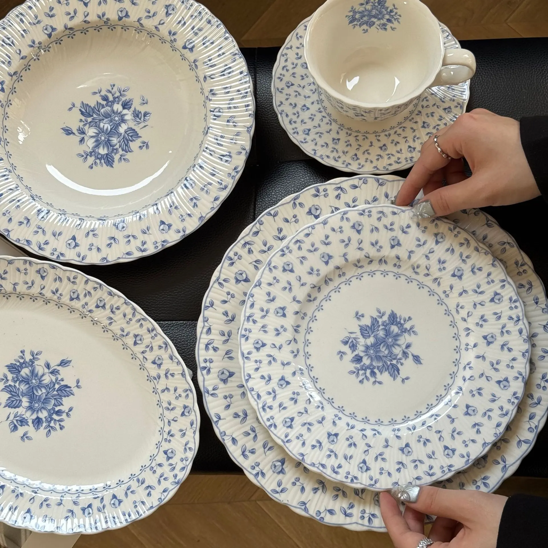 Vintage French Style Embossed Blue Ceramic Dinner Plate – Steak, Pasta, Dessert Serving Plate with Elegant Lace Ceramic Coffee Cup SetDesign, Large Size Tableware for Dining and Entertaining