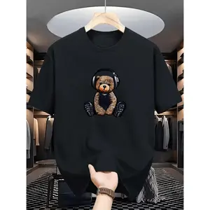 Men'S Comfy Stretch T-Shirt With Teddy Bear & Headphones Graphic - Casual Round Neck, Breathable Polyester Tee In Dark Green - Ideal For Summer Outdoor Activities