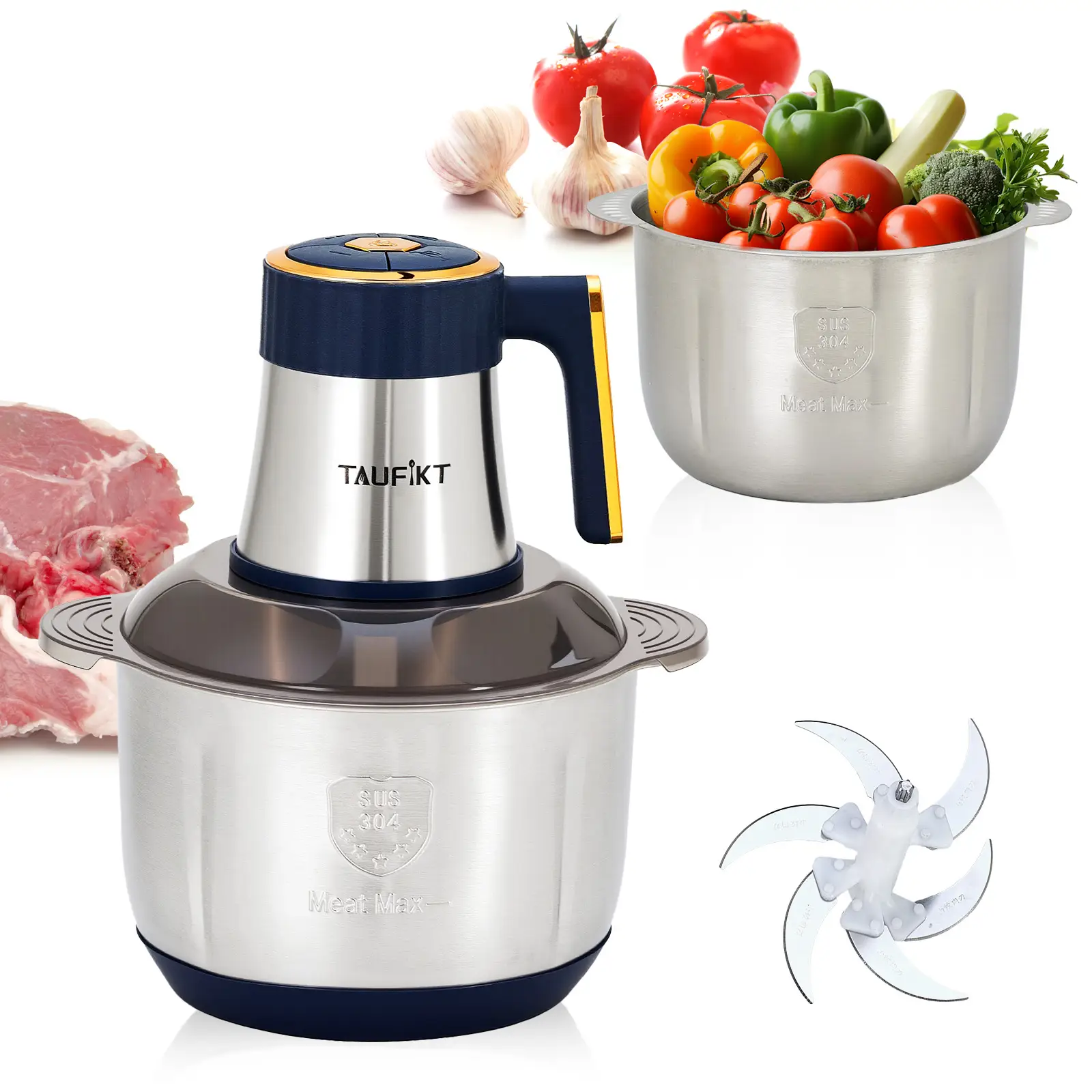 TAUFIKT 5L Large Capacity Food Processor, 6-Blade Multifunctional Household Meat Grinder, Vegetable/Garlic/Baby Food/Fruit Juicer