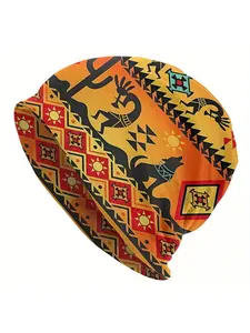 Southwestern Aztec Kokopelli Beanie Hat - Funky Tribal Design with Vibrant Geometric Patterns, Unisex Soft Warm Winter Cap for Men & Women, Cultural Artistry & Bold Fashion Statement, Comfortable Headwear, Colorful Headgear, Quality Fabric Construction