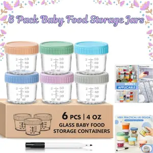 6 Pack Baby Food Storage Jars – 4oz Glass Containers with Lids, Microwave, Dishwasher & Freezer Safe, Leakproof BPA-Free Reusable for Homemade Baby Meals