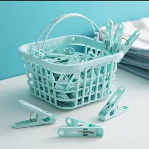 Plastic Windproof Laundry Clothes Pins with Storage Basket - 30pcs for Socks, Underwear, Sheet, Blanket Drying - Organiser, Hangers