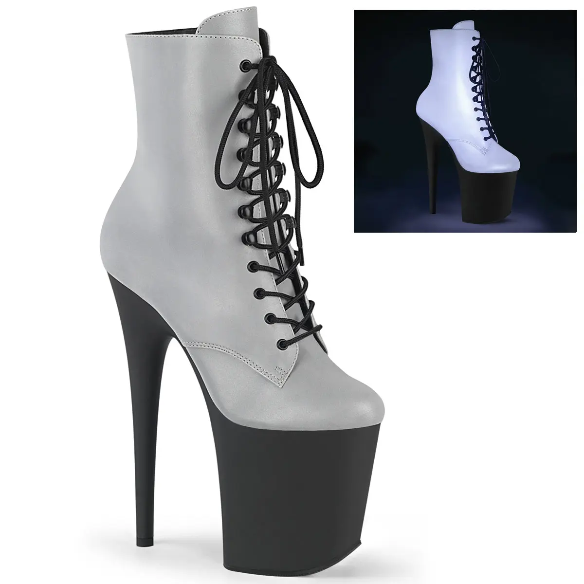 Women's Platform Ankle Boot with Silver Reflective Upper, 8-Inch High Heel Shoe with Front Lace-Up and Side Zip Closure, Footwear