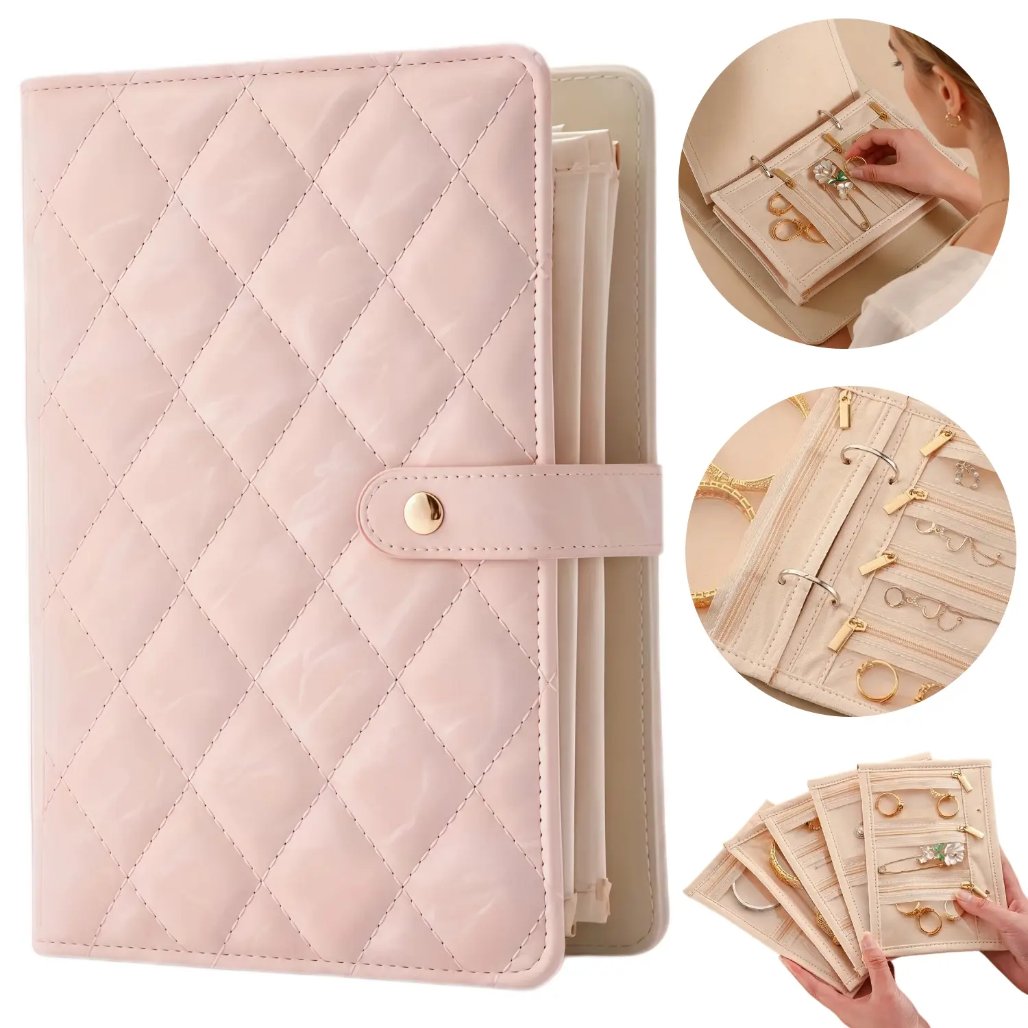 1pc Faux Leather Portable Jewelry Storage Book, Travel Storage Case with Ring Binding, Transparent Zipper Velvet Bag for Necklaces and Earrings, Jewelry Organizer, Home Jewelry Organizer, Earring Holder Organizer