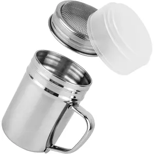 1 Pack 7oz 304 Stainless Steel Fine Mesh Powdered Sugar Shaker Duster With Handle and Lid for Baking Cornstarch Coffee Flour Restaurant Home Kitchen