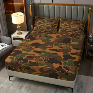 3Pcs Camouflage Patterned Fitted Sheet Set, Warm Orange and Brown Military Inspired Design with Bold Text, Stylish and Durable Fabric, Perfect for Trendy Bedroom Makeover and Unique Gifts Includes 2 Pillowcases, No Pillow Core