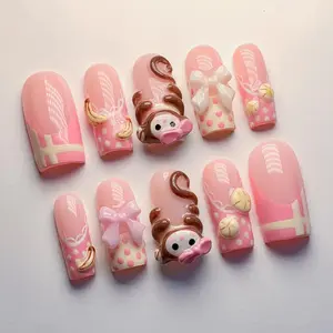Cute 3D Monkey Press On Nails, Pink Cartoon Nails with Bows & Bananas, Handmade Kawaii Nail Art, Pink Press Ons with Polka Dots, Cute nails