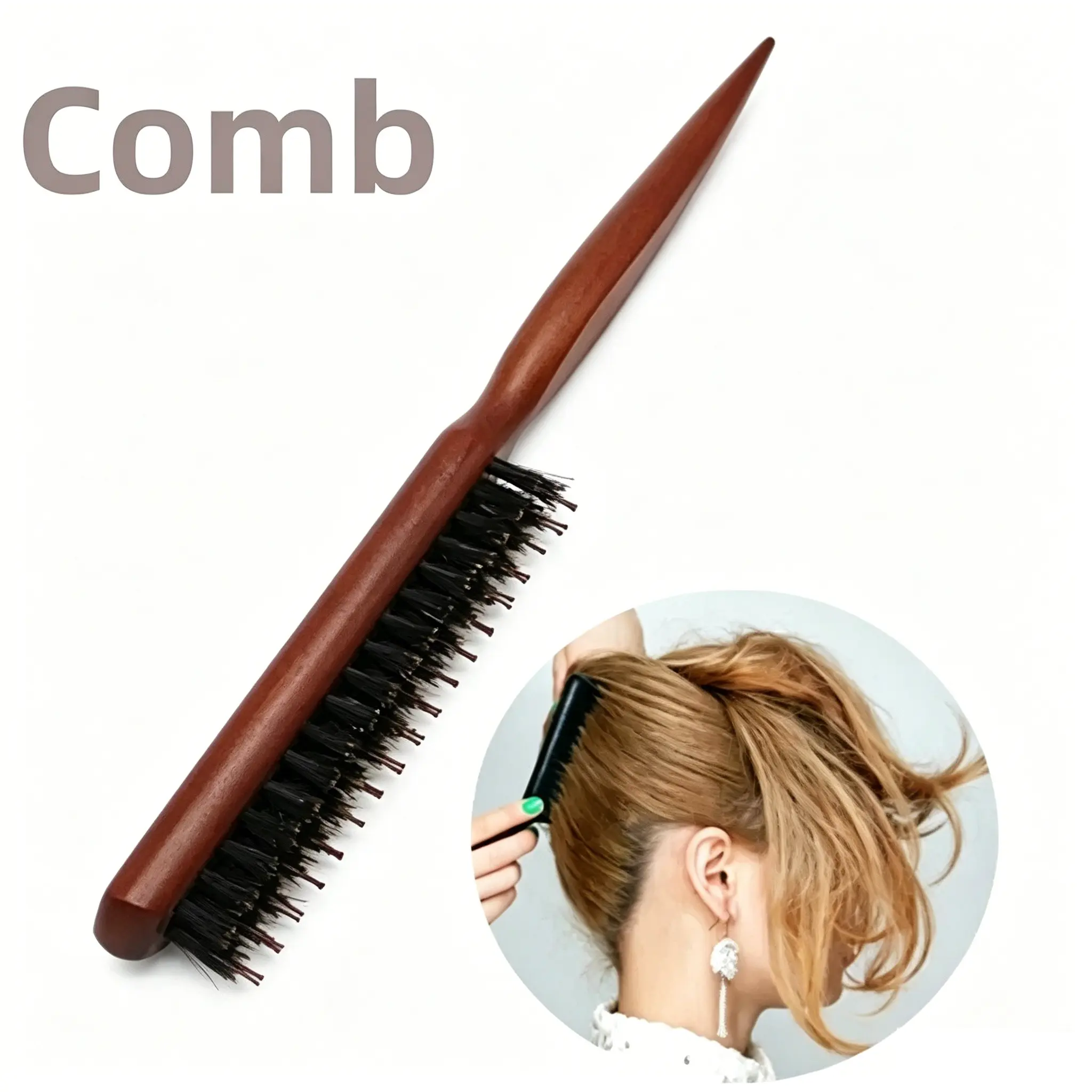 Natural Boar Bristle Hair Comb, Fluffy Wooden Handle, Anti-Static Barber Tool, Ideal for Salon & Home Use, Professional Hairstyling Accessory