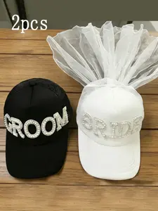 Pearl Embroidered Groom Bride Summer Baseball Hat Set, Lightweight Veil Hat, Couples Wedding Travel Sun Hat, Casual Slim Fit