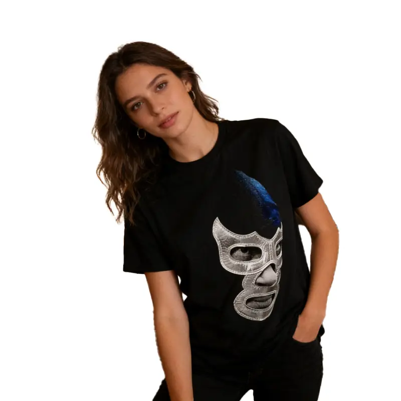 Women's Short-Sleeve Round-Neck Cotton Knitting T-Shirt - Mexican Art Devil Blue Fighting Wrestler Legend Print, Geometric Pattern, Casual Crochet Clothes, Streetwear Top, Suitable for Sports, Unisex Teens, Shortsleeve