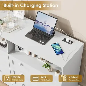 【Christmas Gift】Modern White 6 Drawer Dresser With Power Outlet Usb Charging Ports Multi Color LED Light Scratch Resistant MDF Anti Tip Safety Spacious Storage For Bedroom Living Room Entryway
