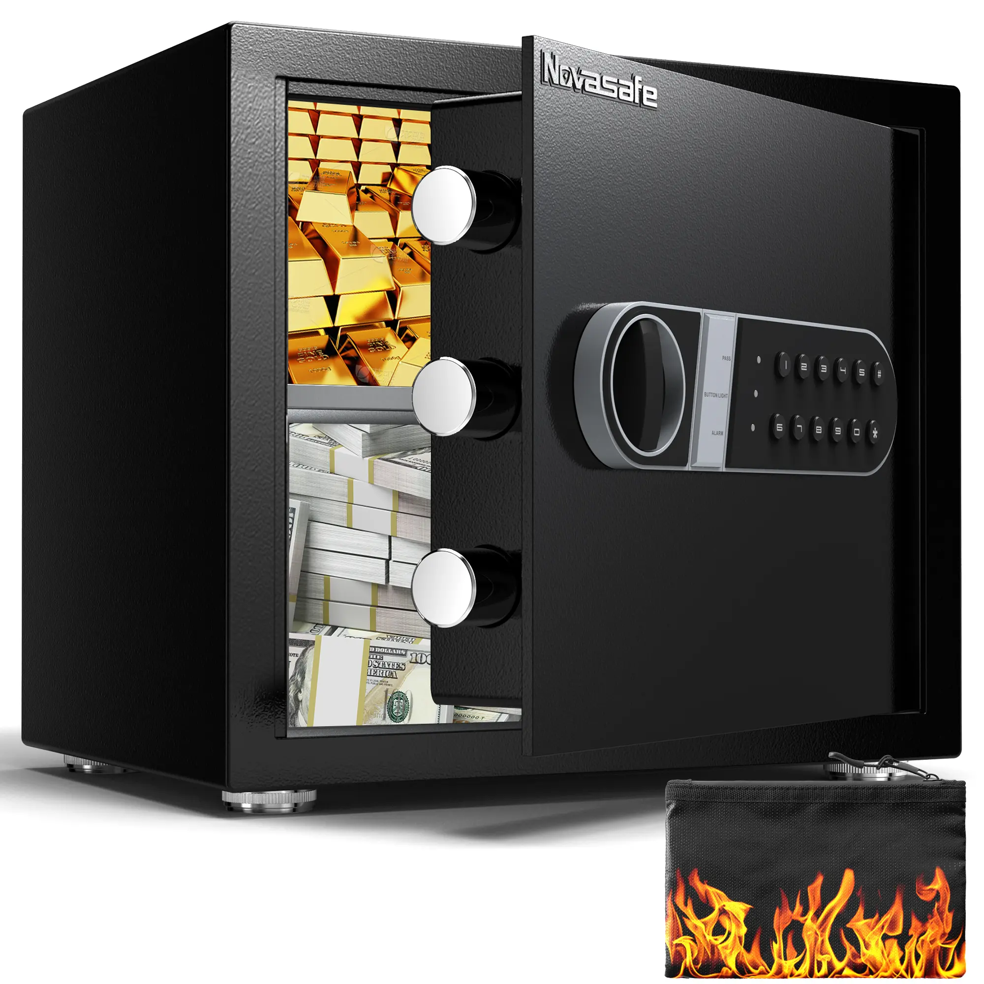 Novasafe 1.2 cu ft Fireproof Home Safe Box, Digital Password & Emergency Key Dual Unlock, LED Light & Anti-Theft Alarm, Solid Steel Security Safe for Home & Office Valuables Storage