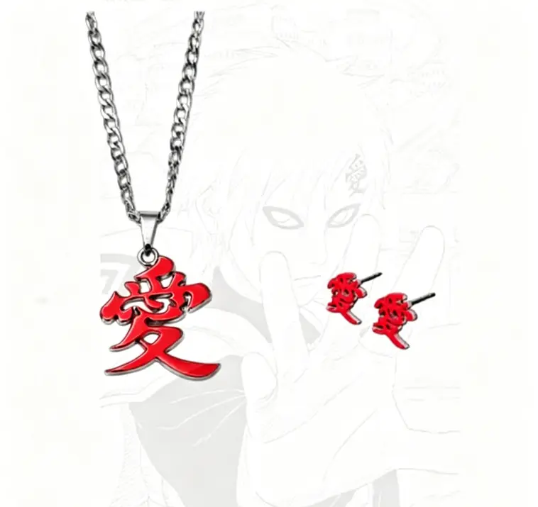 Gaara Red Love Necklace and Earrings Set, Anime Cosplay Jewelry Inspired by Naruto Shippuden