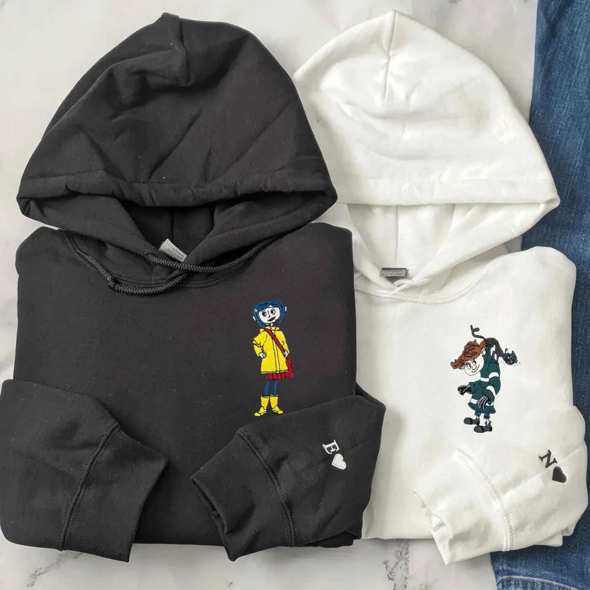 Matching Coraline Couple Hoodies – Personalized Embroidered Movie Character Sweatshirts