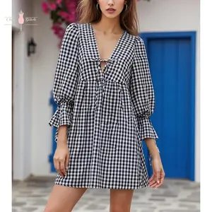 Women Mini Dress Short Sleeve V Neck Plaid Dress Summer Dress for Casual Daily Dating Light Polyester