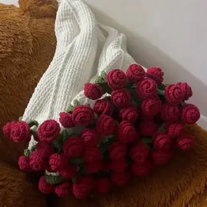 Handmade Flower Crochet Blanket with Rich Red Roses and Soft White Edges for Cozy Home Decor