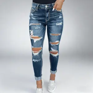 Blue Ripped Denim Pants | Women's Autumn Fashion Casual Jeans XS-8XL