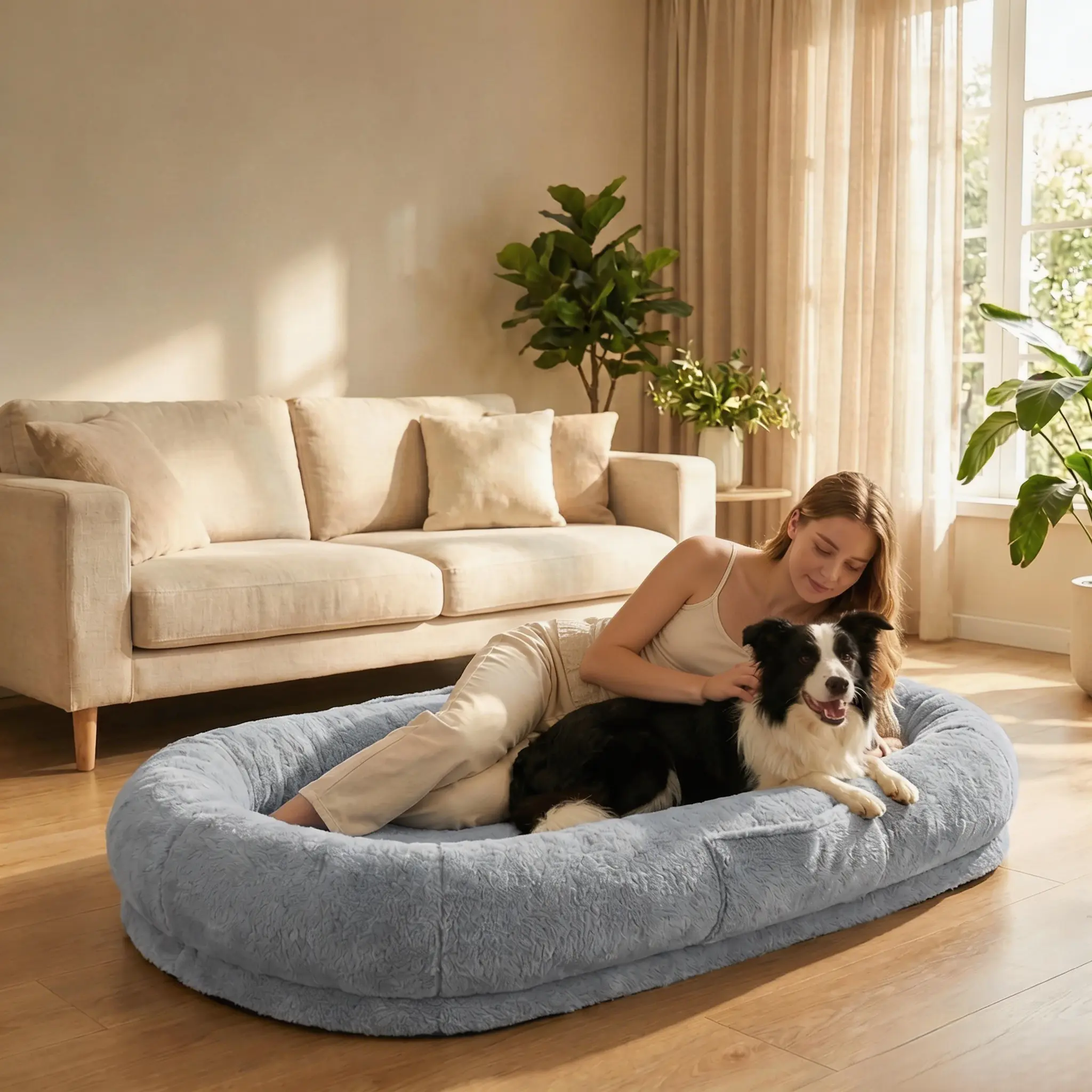 Human Dog Bed for Adults and Pets with Pillow， Portable Handle ，Waterproof Machine Washable Cover Family Bedroom Lounger summerwins