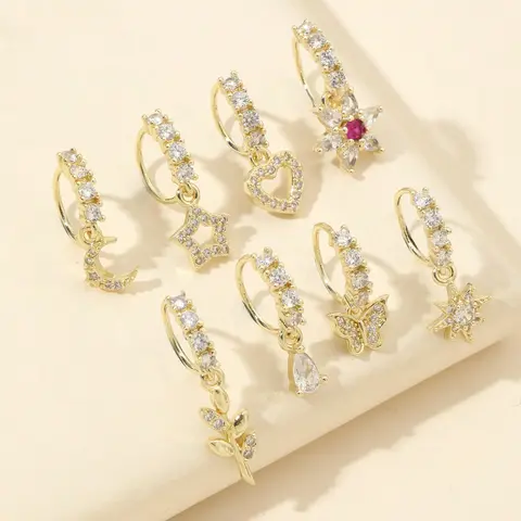 8-Piece 20g Gold Plated Cubic Zirconia Nose Ring Set, Nose Ring Jewelry, Elegant Butterfly Dangle Body Jewellery for Women, All-Season Body Piercing Accessories, Nose Rings Hoops