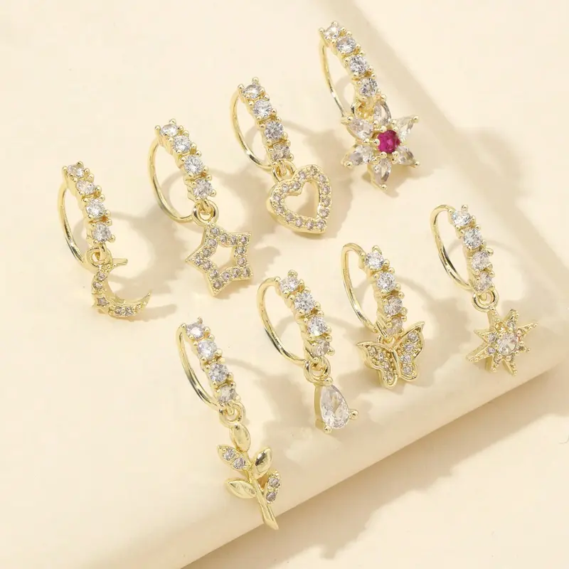 8-Piece 20g Gold Plated Cubic Zirconia Nose Ring Set, Nose Ring Jewelry, Elegant Butterfly Dangle Body Jewellery for Women, All-Season Body Piercing Accessories, Nose Rings Hoops
