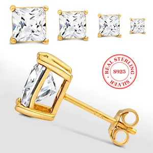 KEZEF 925 Square Gold Plated Sterling Silver Cubic Zirconia Stud Unisex Earrings Men Women Gift | 3-9mm Brilliant Cut Basket| CZ Stone Fashion Jewelry