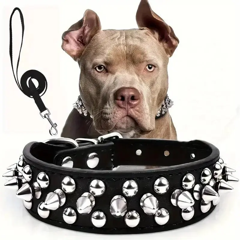 [The store is new]Spiked Dog Collar And Leash Set Rivet Leather Adjustable Collar For Outdoor Walking Secure And Stylish Pet Accessory