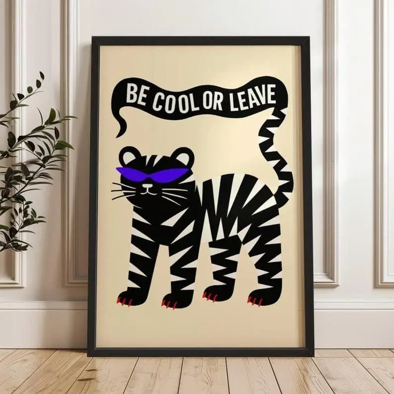 "Be Cool or Leave" Funny Cat Quote Graphic Wall Poster - Retro Black and White Eco-Friendly Animal Photo, Bold Statement Luster Paper Home Decor, 12x18 High-Res Print for Kid Room, Fits Standard Frames
