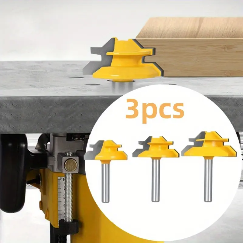 3pcs 45-Degree Lock Miter Router Bits Set with 1/4 in, 1/2 in, 5/8 in, 3/4 in Shanks, Heat Treated Tungsten Steel Blade, Rustproof Yellow Cutting Head for Cupboard, Closet Door Woodworking Projects, Handheld Router Precision Seamless Joints