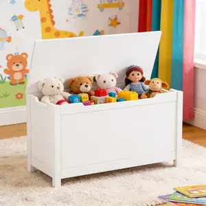 Kids Wooden Toy Box Storage with Safety Hinged Lid for Ages 2+