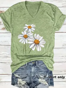 Daisy Print Vintage Style Women's Summer Casual Sports Top V Neck Short Sleeve T-Shirt, Comfortable Breathable, S-Xxl