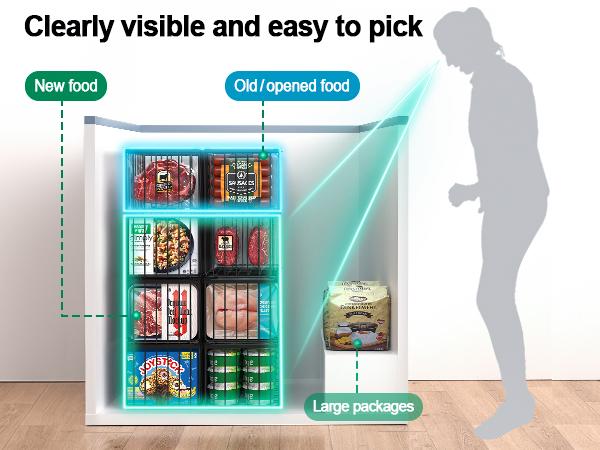 StowCraft Upgraded Freezer Organizer Bins 4 Pack MAX Capacity Stackable Baskets for 5/7 Cu.FT Deep Freezers Sturdy Rust-Proof Metal 15.1"x8"x7" Airflow-Friendly Cooling Foldable Handles Open Wire Design