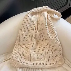 Women's Crocheted Tote Bag, Hollow Solid Color Beach Bag, Travel Essentials Handbag Vacation Style Shoulder Bag  Cute Student Bag Work Bag for Going Out Shopping Traveling Beach