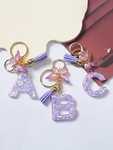 Cute Initial Letter Keychain with Resin Glitter Butterfly Tassel, Capital Letters Pendant, Bag Charm Gift for Women Girls Students