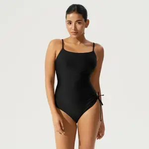 BodyTips Swimsuit With Drawstring Cool Feel Skin Friendly Pleated Waist Adjustable Shoulder Straps Flexible Fit Swimwear Clean Design Popular Beach Outfit Versatile One Piece For Pool Vacation Summer Sunbathing Water Sports Casual Swim Style All Day Wear