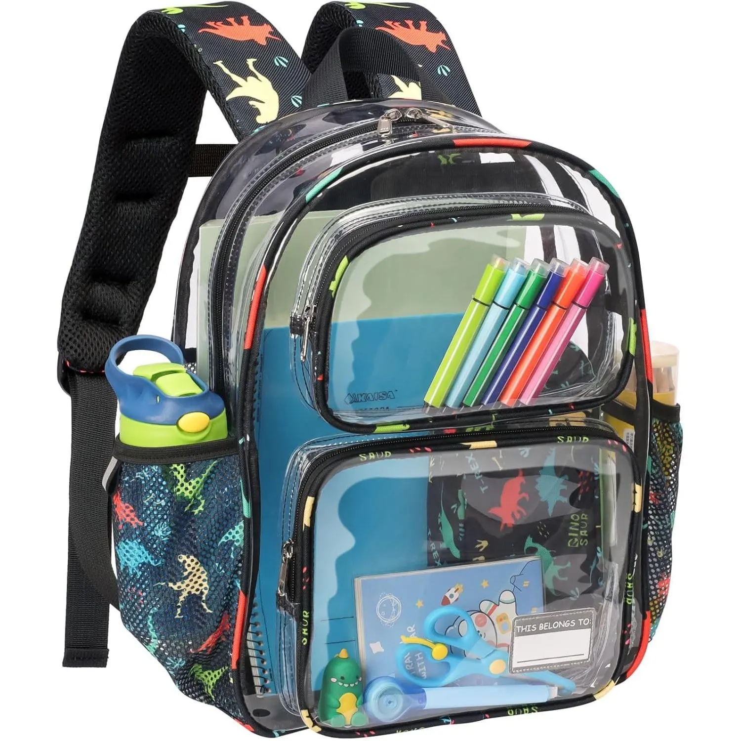 SQ-CPB001 Clear Backpack for Boys - 15 Inch Clear Bookbag for Kids Aged 3 to 8 Heavy Duty See Through Backpack for School, Safe with Reflective Strip, Black Dinosaur