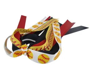 Glitter Softball Pony Holder Streamer Hair Bow, Red, Black, White & Stitches Ribbon