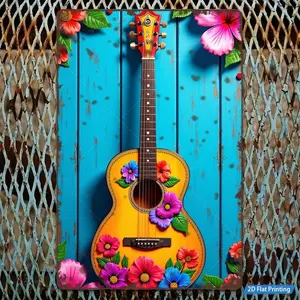 Colorful Floral Guitar Wall Art, 8x12 Inches, 2D Flat Print, Rustic Blue Wooden Background, Metal Sign, Perfect for Porch, Outdoor, Garden, Bar, Home Decor Gift