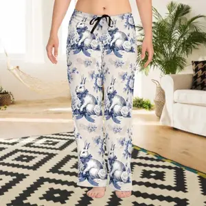 Women's Vintage Bunny Pajama Pants - Pajama Pants White Drawstring, Blue Floral Rabbit Lounge Pants