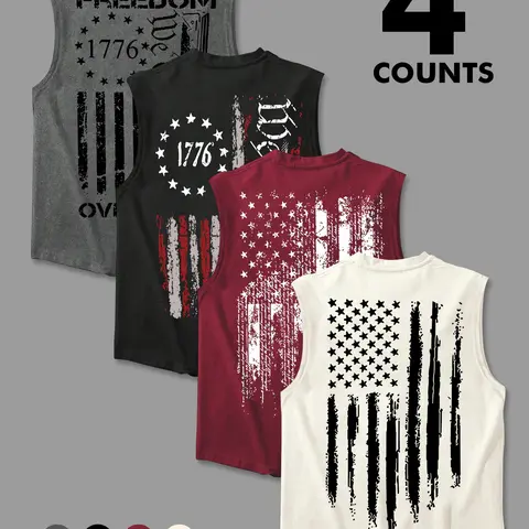 Men's 4-Pack 1776 Patriotic Tank Tops, Vintage American Flag & Freedom Graphic Sports Vest, Workout Tops for Gym, Training, Independence Day, Athletic Tank Top, Athleisure Tank, Loose Vest