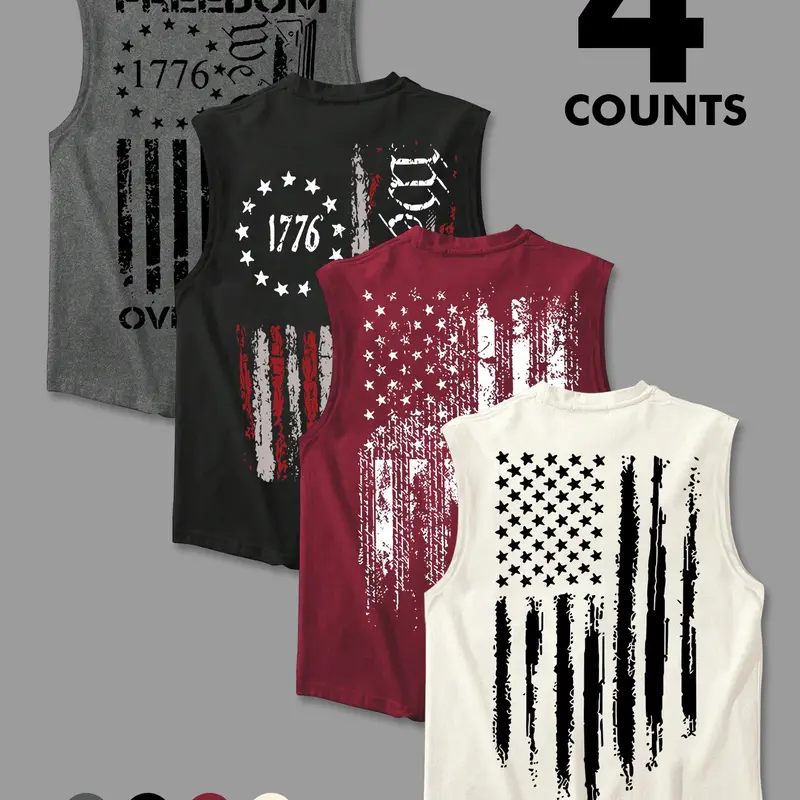 Men's 4-Pack 1776 Patriotic Tank Tops, Vintage American Flag & Freedom Graphic Sports Vest, Workout Tops for Gym, Training, Independence Day, Athletic Tank Top, Athleisure Tank, Loose Vest