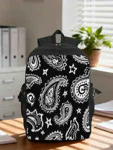 (2D Flat Printing) 1pc Paisley Bandana Black Pattern Computer Backpack - Comfortable & Adjustable, Hiking Camping Bag, Travel Backpack, Polyester Material, Suitable for Business Trips, Shopping, Party, Yoga, Street Shooting, Fitness, Unisex