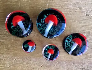 PAIR of Glow in the Dark Floating Red Mushroom Pyrex Glass Double Flare Plugs - Gauges 2g (6mm) through 5/8" (16mm)