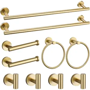 10 Pieces Brushed Gold Bathroom Hardware Accessories Set, 23.6 Inch Wall Mounted SUS304 Stainless Steel Towel Bar Rack Set With Toilet Paper Holder For Bathroom