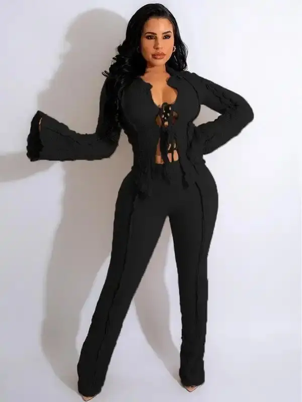 Two-Piece Set?Women's Solid Tie Front Flounce Sleeve Blouse & Pants Set, Casual Fashion Cozy Top & Trousers for Daily Wear, Ladies Clothes for All Seasons, Womenswear(gift) Everyday Suits