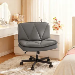 Raybee Furniture Armless Office Desk Chair with Wheels, PU Leather, Mid-Back, Height Adjustable, Wide Seat for Vanity Makeup, Modern Swivel Design