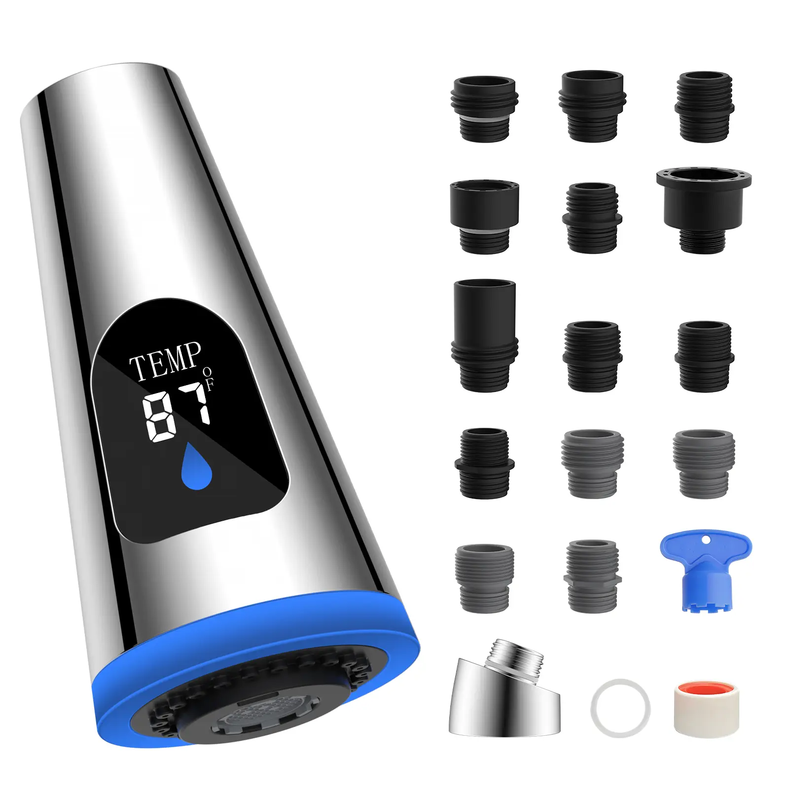 Hibbent Pull Down Kitchen Faucet Head Replacement - 4 Spray Modes, LED Real-Time Temperature Readings, High Pressure Chrome Nozzle, 15 Conversion Heads, Universal Compatibility with Moen, American Standard, Delta, Kohler Taps for Safety & Convenience, 15