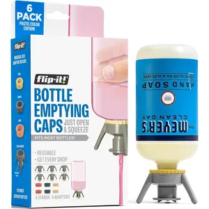 ! Bottle Emptying Kit – 6 Bottle Pack - No more wasted product - Fits most plastic bottles – 6 Base Caps, 6 Adapters – Pastel Color Edition
